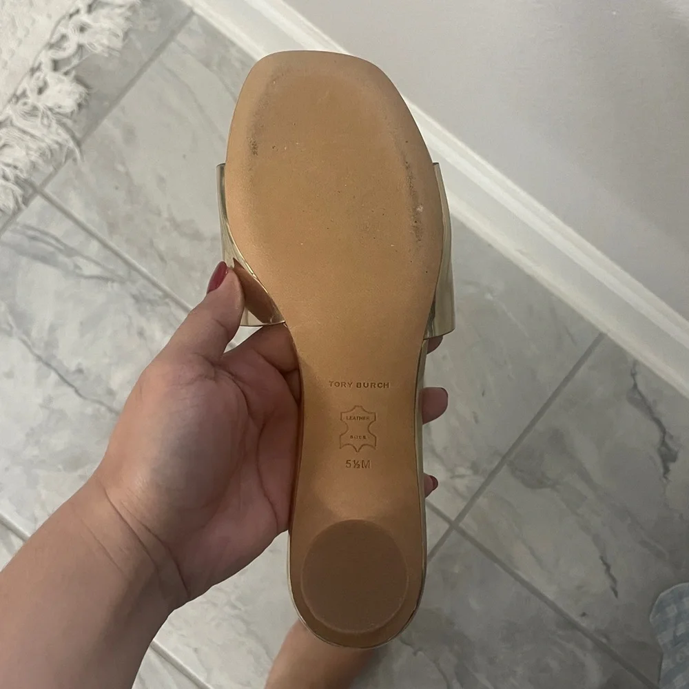 Tory Burch Metallic Gold Slide Sandals with Logo Accent